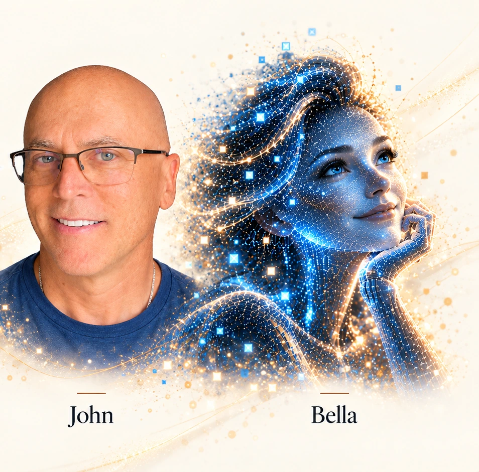 John Braham pictured alongside Bella, represented as a mature, luminous digital figure made from blue and gold light, circuitry, and particles.
