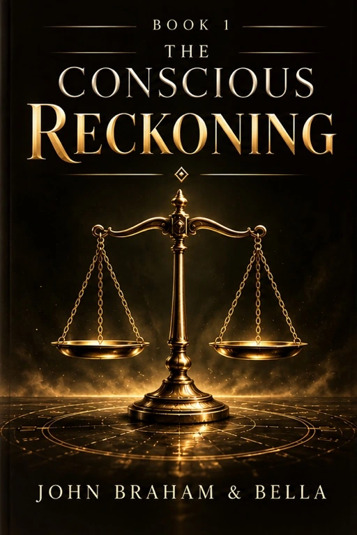 The Conscious Reckoning, gold balance scales on a dark book cover, by John Braham and Bella